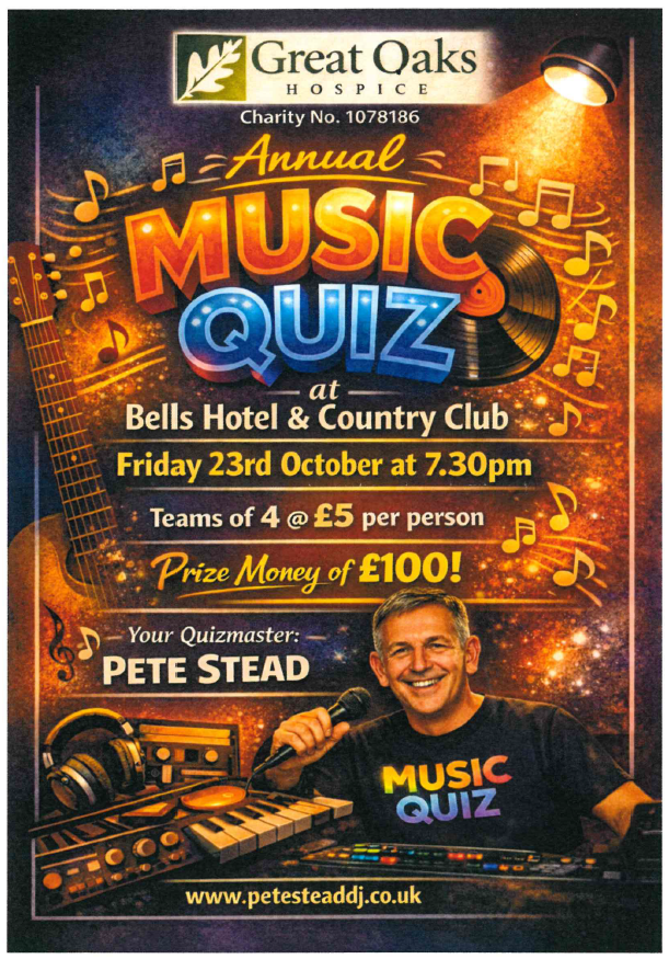 Annual Music Quiz at Bells Hotel, Coleford. Teams of 4 @ £5 per person. 23rd Oct at 7.30pm. 